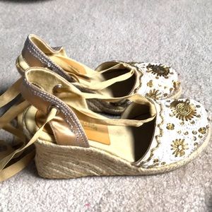 Gold beaded espadrille wedges